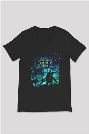 Bioshock James Baskılı Unisex Siyah V Yaka Tişört - Tshirt