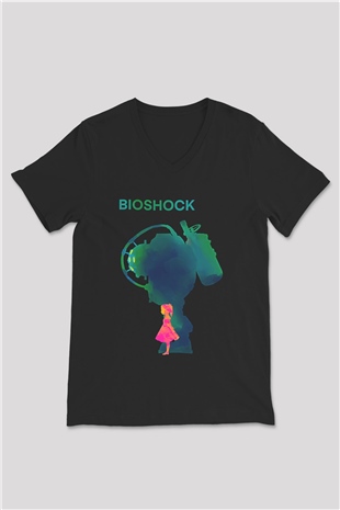 Bioshock James Baskılı Unisex Siyah V Yaka Tişört - Tshirt
