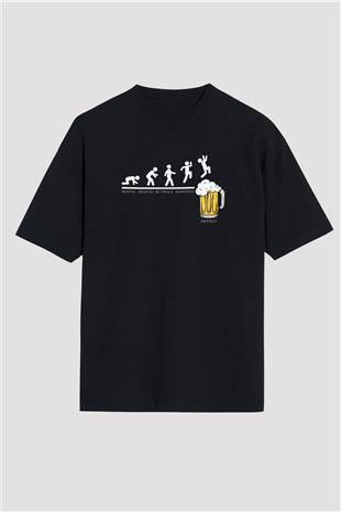 Bira Evrimi Baskılı Unisex Oversize Tişört - Tshirt