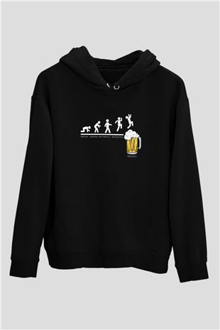Bira Evrimi Baskılı Unisex Siyah Hoodie