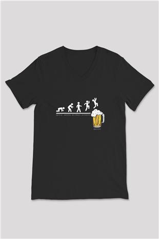 Bira Evrimi Baskılı Unisex V Yaka Siyah Tİşört - Tshirt