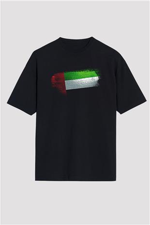 Birleşik Arap Emirlikleri - United Arab Emirates Bayrağı Baskılı Unisex Siyah Oversize Tişört