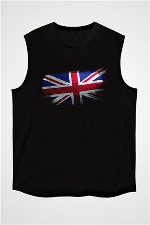 Birleşik Krallık - United Kingdom Bayrağı Baskılı Unisex Siyah Kolsuz Tişört