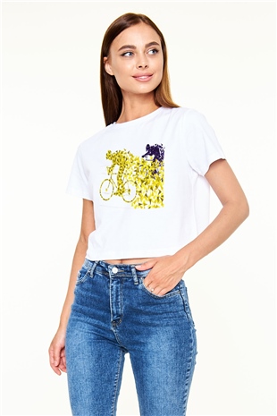 Bisiklet Beyaz Croptop Tişört