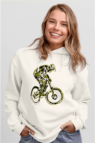 Bisiklet Beyaz Unisex Kapüşonlu Sweatshirt