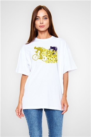 Bisiklet Beyaz Unisex Oversize Tişört T-Shirt