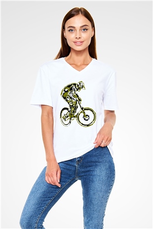 Bisiklet Beyaz Unisex V Yaka Tişört