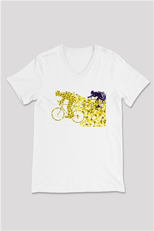 Bisiklet Beyaz Unisex V Yaka Tişört T-Shirt