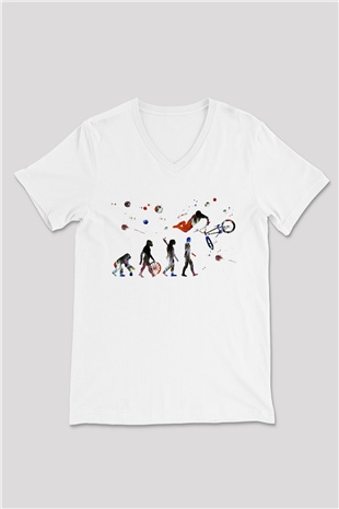 Bisiklet Beyaz Unisex V Yaka Tişört T-Shirt