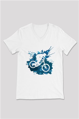 Bisiklet Beyaz Unisex V Yaka Tişört T-Shirt