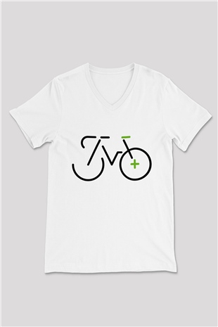 Bisiklet Beyaz Unisex V Yaka Tişört T-Shirt