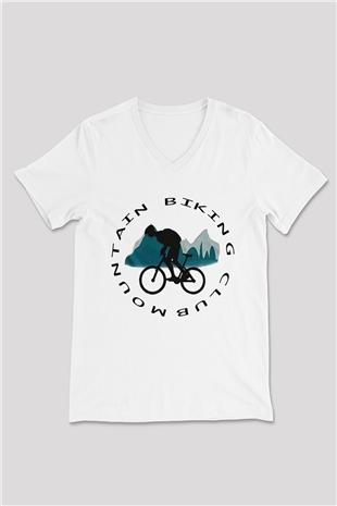 Bisiklet Beyaz Unisex V Yaka Tişört T-Shirt