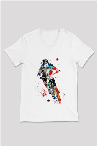 Bisiklet Beyaz Unisex V Yaka Tişört T-Shirt