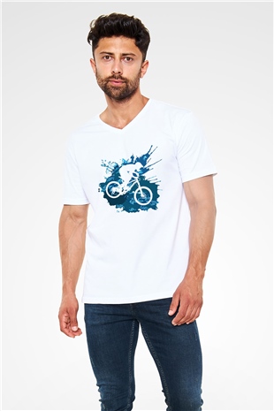 Bisiklet Beyaz Unisex V Yaka Tişört T-Shirt
