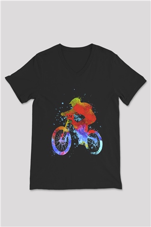 Bisiklet Siyah Unisex V Yaka Tişört T-Shirt
