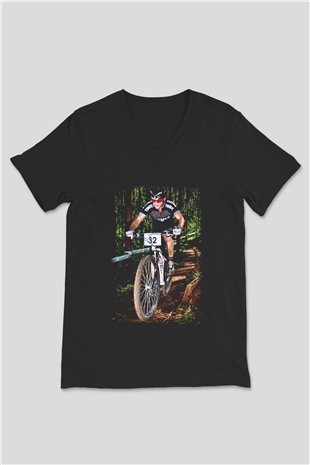 Bisiklet Siyah Unisex V Yaka Tişört T-Shirt