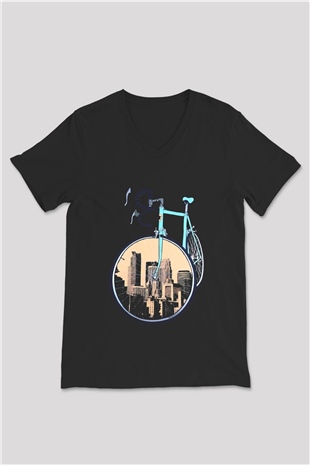 Bisiklet Siyah Unisex V Yaka Tişört T-Shirt
