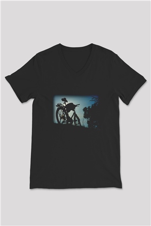 Bisiklet Siyah Unisex V Yaka Tişört T-Shirt