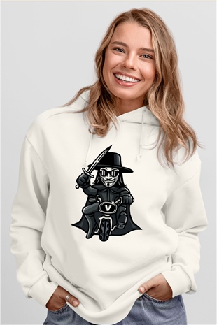 Bisikletçi Vendetta Baskılı Unisex Beyaz Hoodie