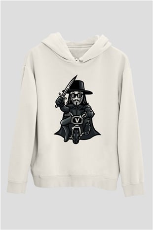 Bisikletçi Vendetta Baskılı Unisex Beyaz Hoodie