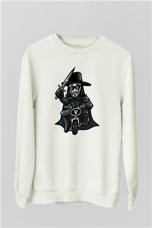 Bisikletçi Vendetta Baskılı Unisex Beyaz Sweatshirt