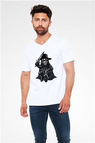 Bisikletçi Vendetta Baskılı Unisex Beyaz V Yaka Tişört