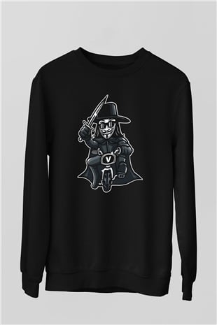 Bisikletçi Vendetta Baskılı Unisex Siyah Sweatshirt