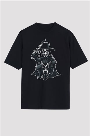 Bisikletçi Vendetta Baskılı Unisex Siyah Oversize Tişört