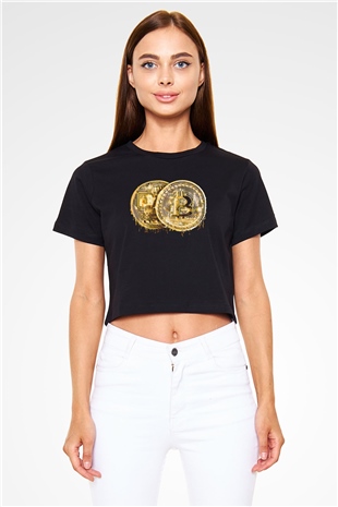 Bitcoin Baskılı Siyah Crop Top Kadın Tişört - Tshirt