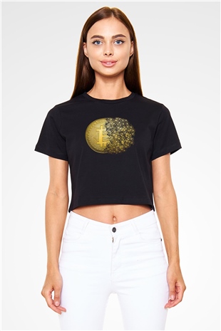 Bitcoin Baskılı Siyah Crop Top Kadın Tişört - Tshirt