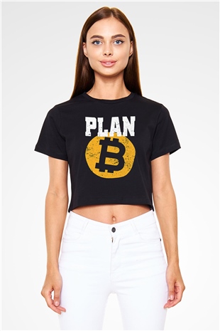 Bitcoin Baskılı Siyah Crop Top Kadın Tişört - Tshirt