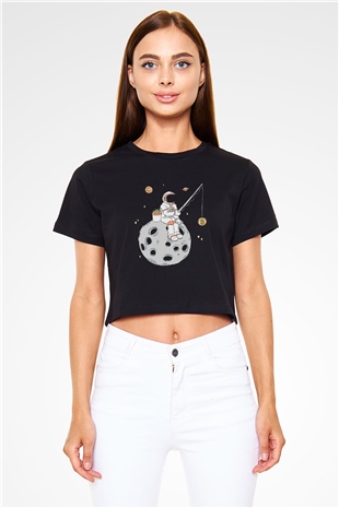 Bitcoin Baskılı Siyah Crop Top Kadın Tişört - Tshirt