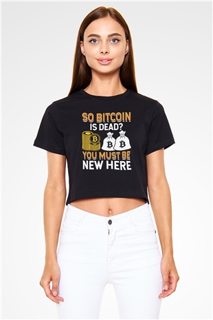 Bitcoin Baskılı Siyah Crop Top Kadın Tişört - Tshirt