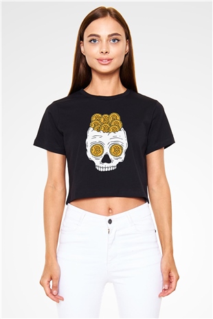 Bitcoin Baskılı Siyah Crop Top Kadın Tişört - Tshirt