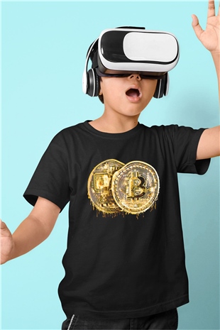 Bitcoin Baskılı Unisex Siyah Çocuk Tişört - Tshirt