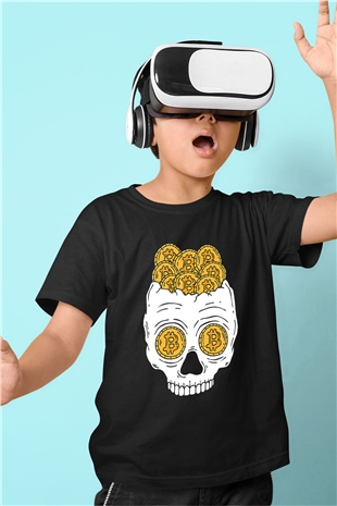 Bitcoin Baskılı Unisex Siyah Çocuk Tişört - Tshirt