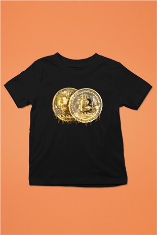 Bitcoin Baskılı Unisex Siyah Çocuk Tişört - Tshirt