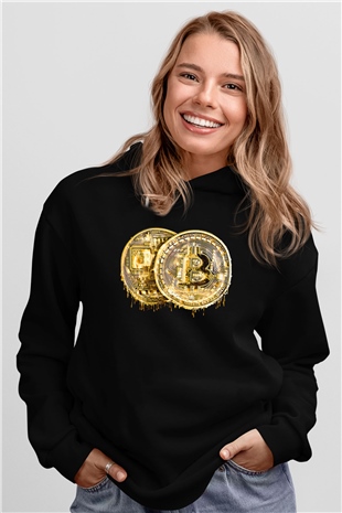 Bitcoin Baskılı Unisex Siyah Hoodie