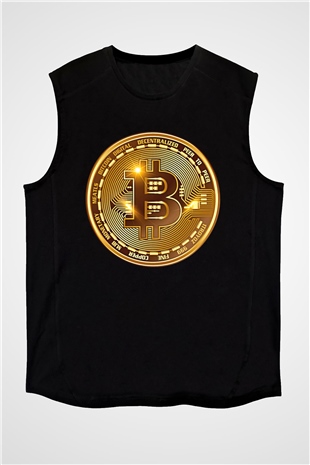 Bitcoin Baskılı Unisex Siyah Kolsuz Tişört - Tshirt
