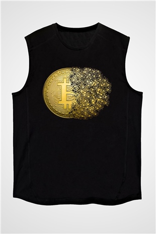 Bitcoin Baskılı Unisex Siyah Kolsuz Tişört - Tshirt
