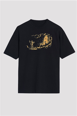 Bitcoin Baskılı Unisex Siyah Oversize Tişört - Tshirt
