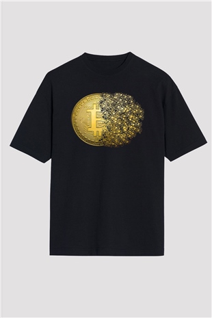 Bitcoin Baskılı Unisex Siyah Oversize Tişört - Tshirt
