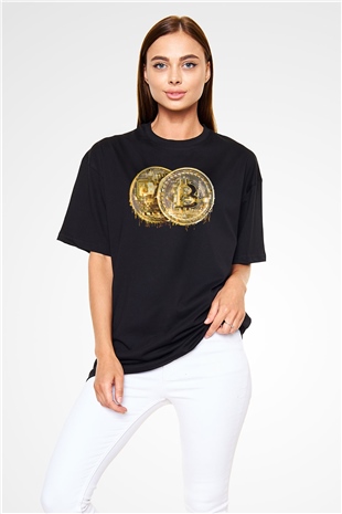 Bitcoin Baskılı Unisex Siyah Oversize Tişört - Tshirt