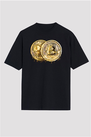 Bitcoin Baskılı Unisex Siyah Oversize Tişört - Tshirt