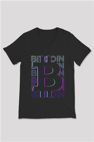 Bitcoin Baskılı Unisex Siyah V Yaka Tişört - Tshirt