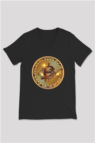 Bitcoin Baskılı Unisex Siyah V Yaka Tişört - Tshirt