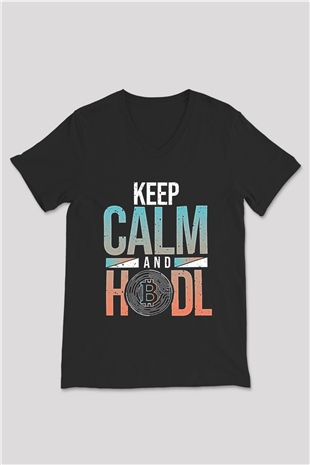 Bitcoin Baskılı Unisex Siyah V Yaka Tişört - Tshirt