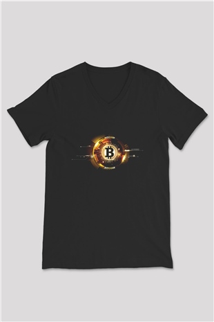 Bitcoin Baskılı Unisex Siyah V Yaka Tişört - Tshirt