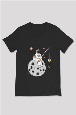 Bitcoin Baskılı Unisex Siyah V Yaka Tişört - Tshirt