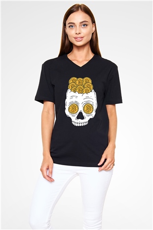 Bitcoin Baskılı Unisex Siyah V Yaka Tişört - Tshirt